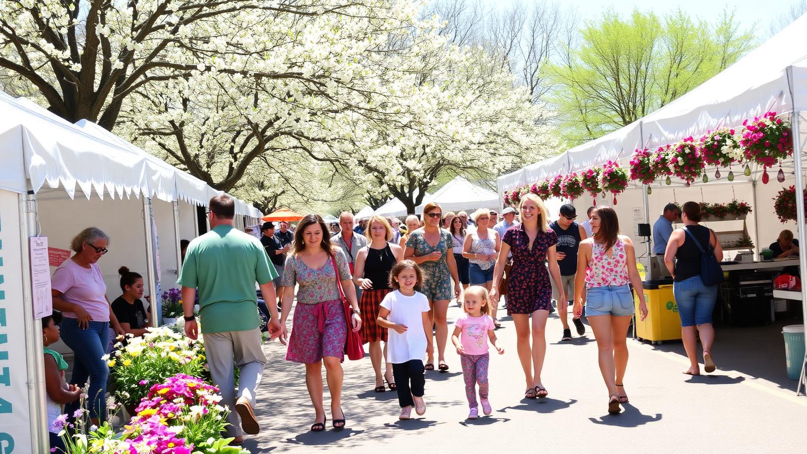 Busy outdoor spring community festival with white vendor tents and blossoming trees
