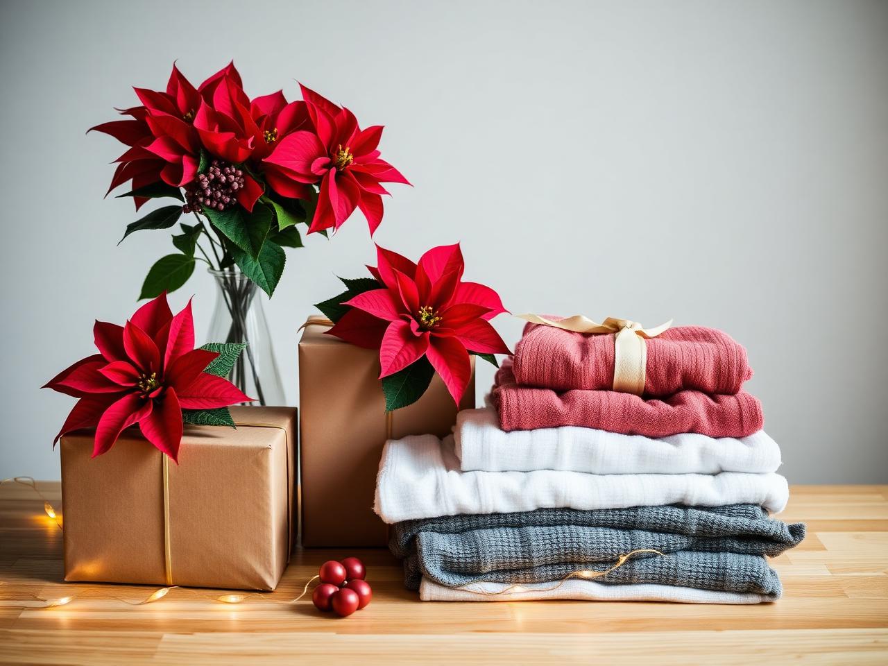 Poinsettias, wrapped gifts, and folded donated clothing on a light wood table