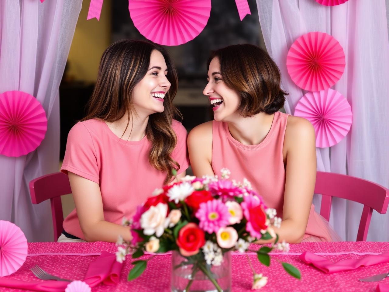 Two friends laughing together at a table decorated in pink and red