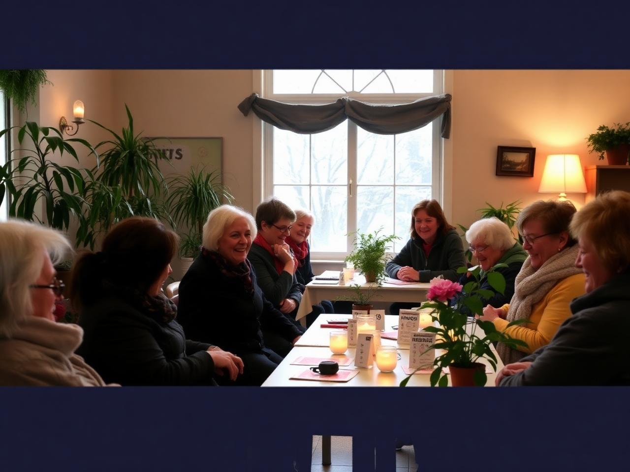 People laughing at bingo tables surrounded by houseplants in warm indoor light