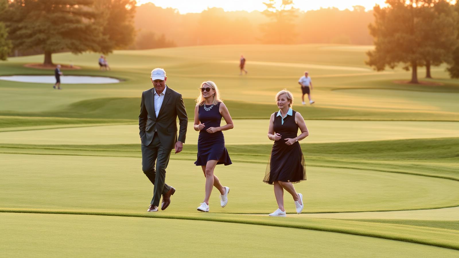 Golfers walking a lush course at golden hour during a charity outing