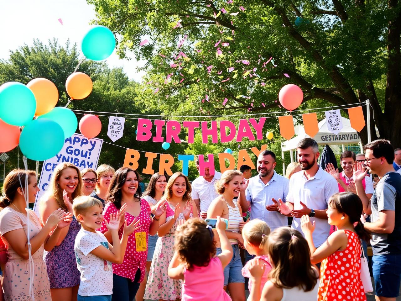Colorful outdoor community birthday celebration with balloons and confetti