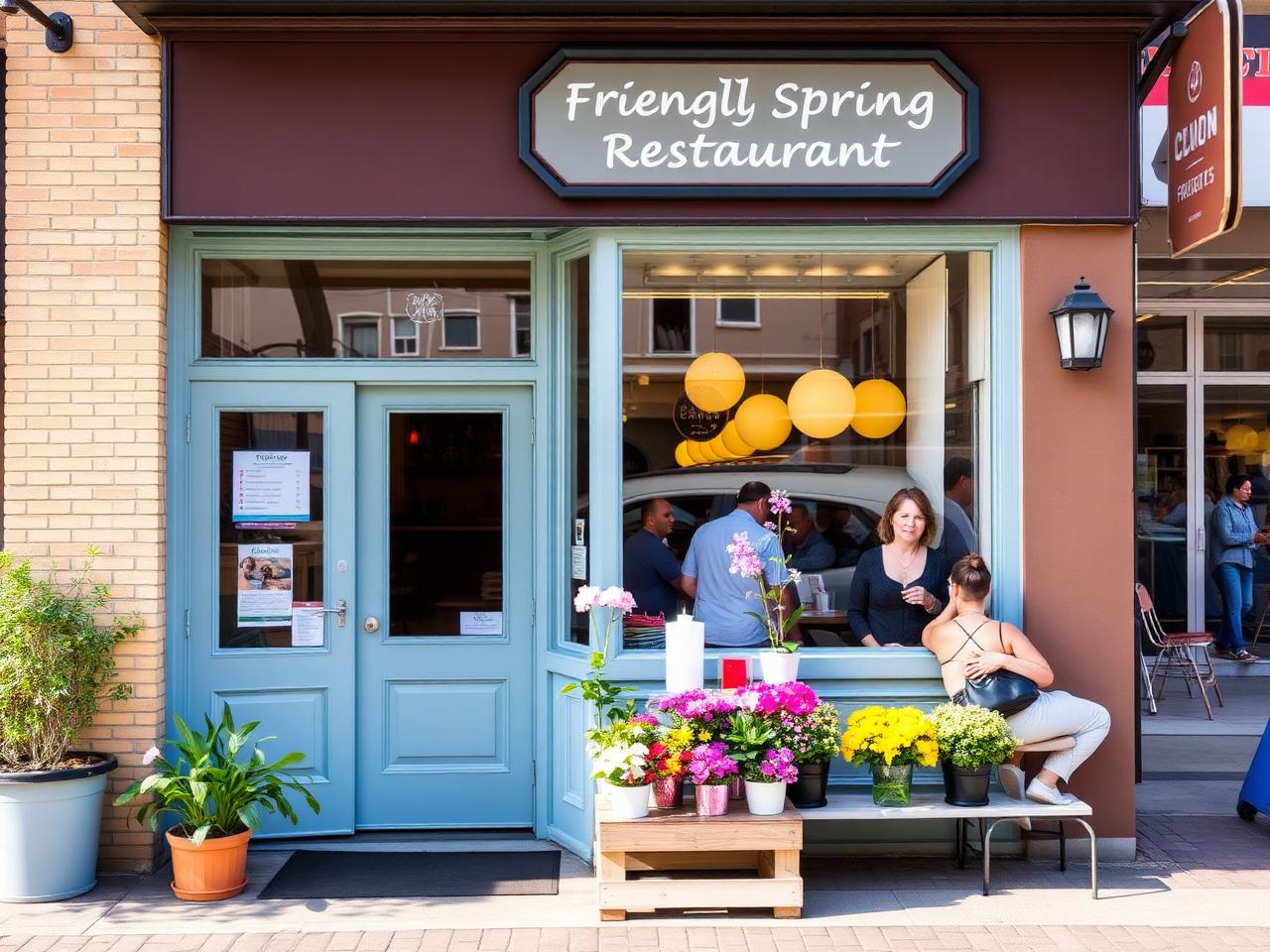 Spring storefront restaurant with a small plant pop-up stand outside