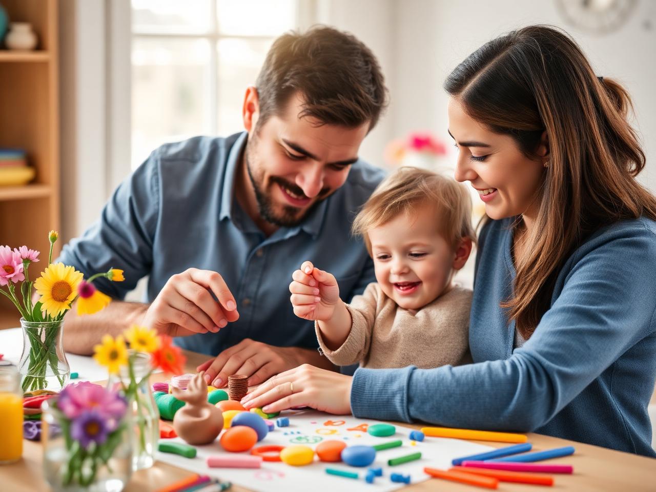 Parents and a young child crafting with colorful modeling clay at a sunny table