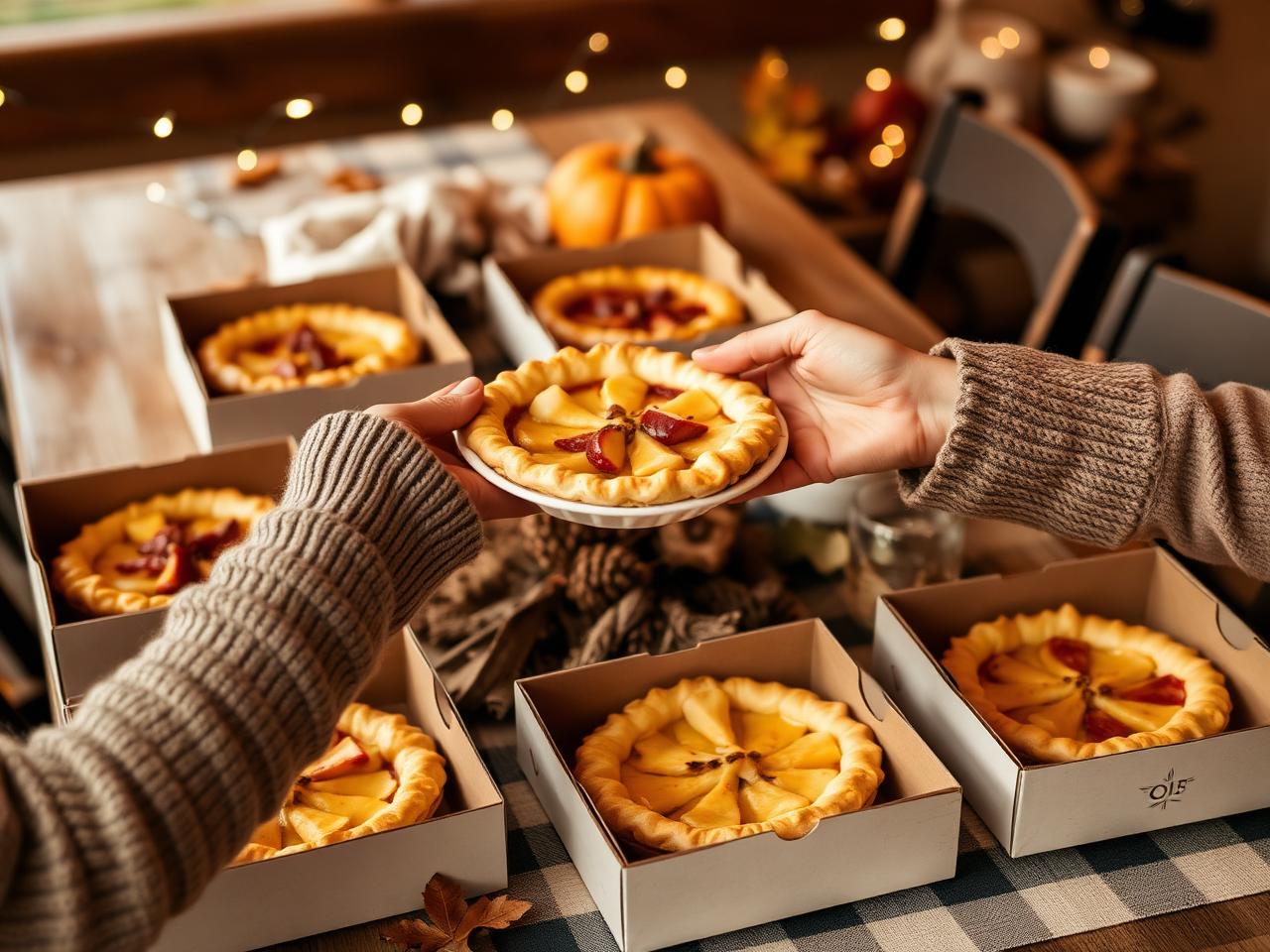 Hands passing a freshly baked pie in a bakery box on a warm autumn table