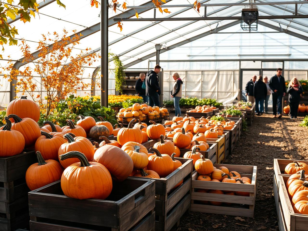 Autumn farm greenhouse filled with pumpkins in wooden crates while visitors browse