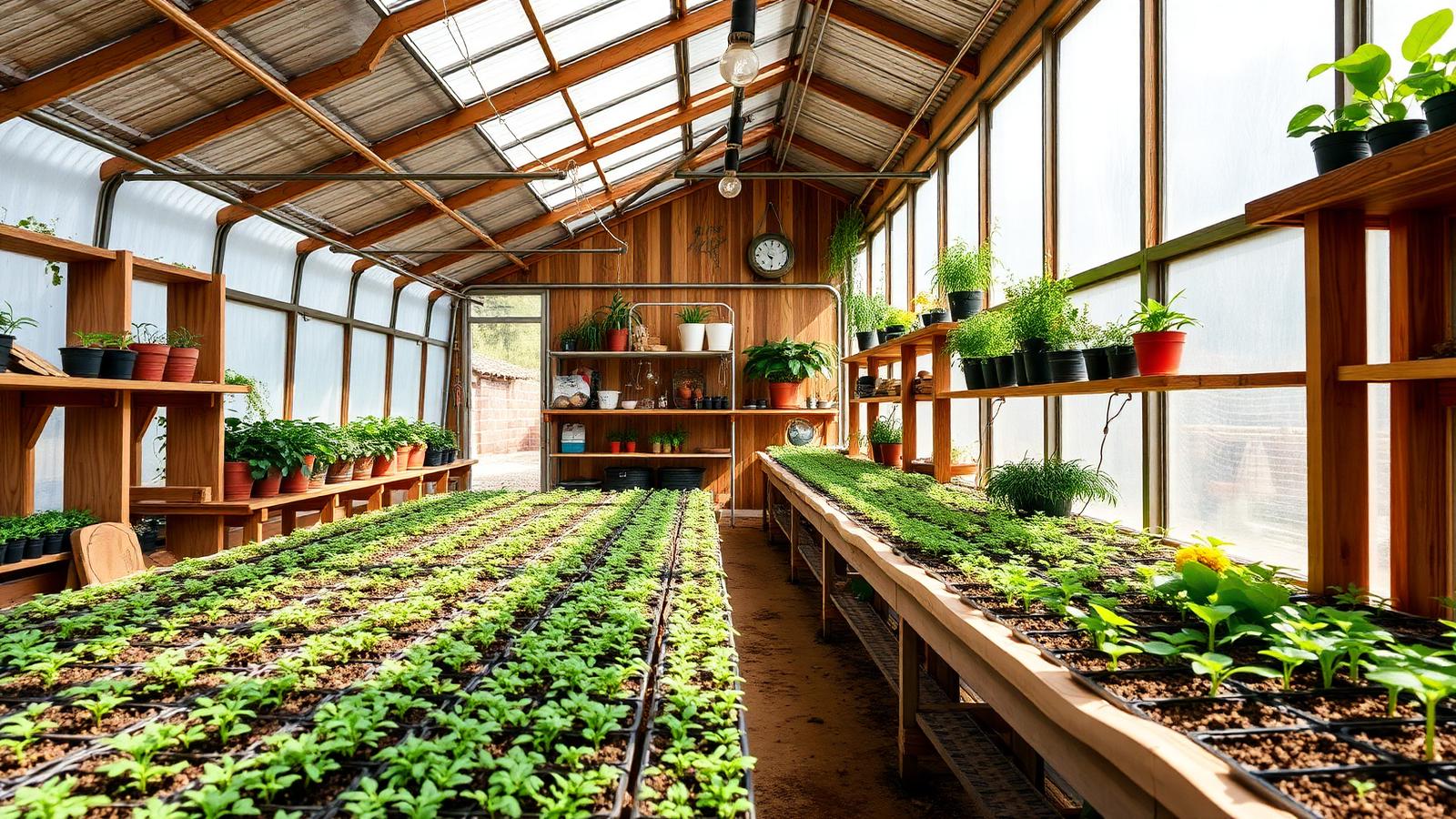 Sunlit greenhouse with rows of seedlings and shelves of potted plants
