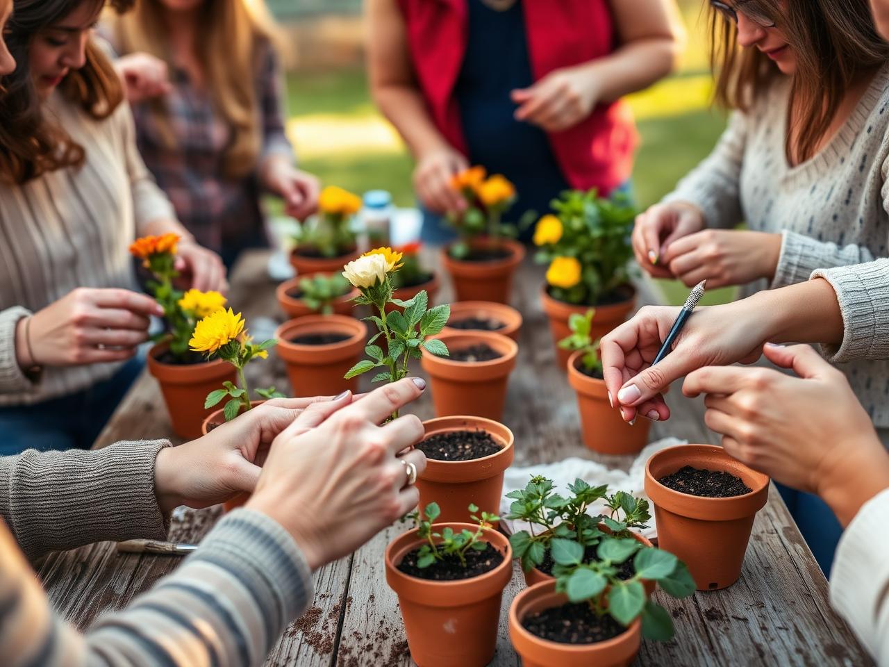 Community members potting mums and painting terracotta pots together at an outdoor table in early autumn