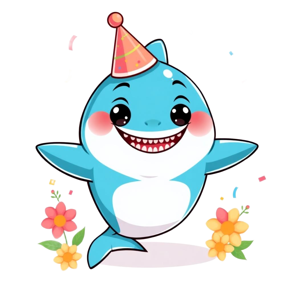 Stiggy, Bright Harbor's friendly anti-stigma shark mascot, wearing a party hat